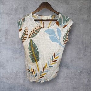 Cynthia Rowley Leaf Print Short Sleeve Top - Cream, Blue, Green, Brown